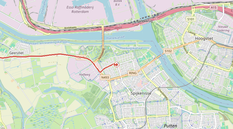 Kaart van de omgeving van de melding, met de kazerne die is gealarmeerd