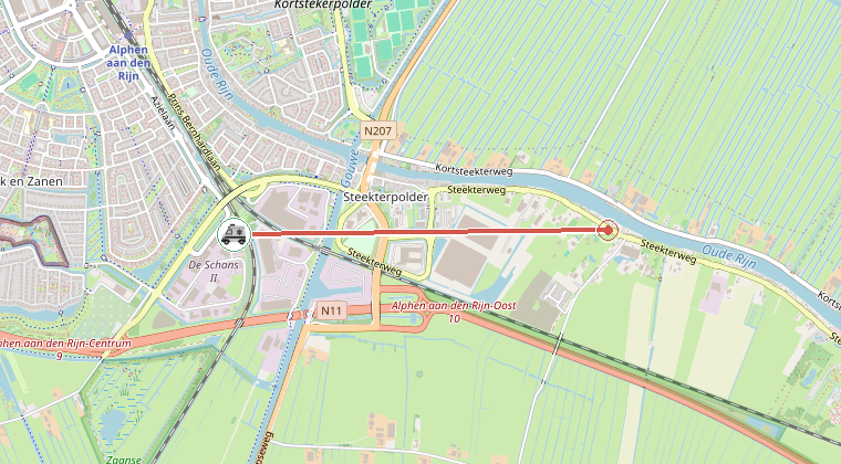 Kaart van de omgeving van de melding, met de kazerne die is gealarmeerd