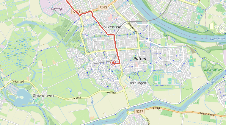 Kaart van de omgeving van de melding, met de kazerne die is gealarmeerd