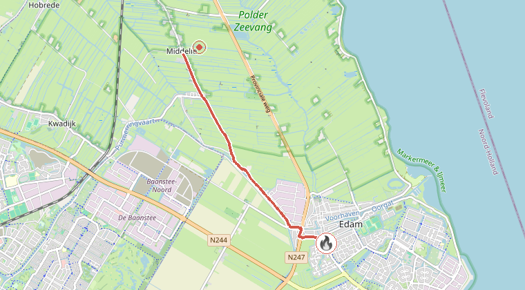 Kaart van de omgeving van de melding, met de kazerne die is gealarmeerd