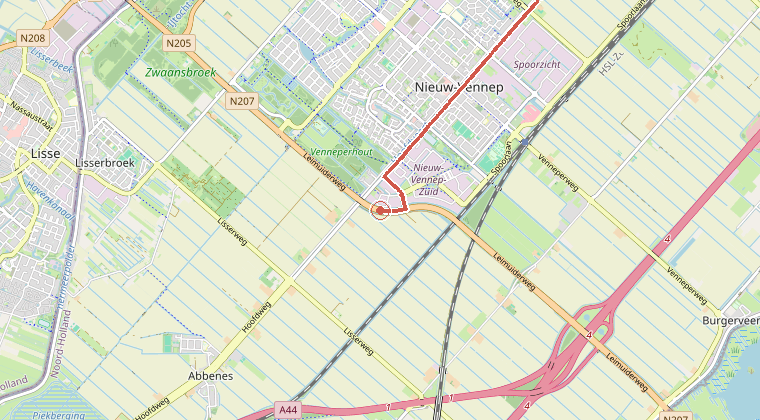 Kaart van de omgeving van de melding, met de kazerne die is gealarmeerd
