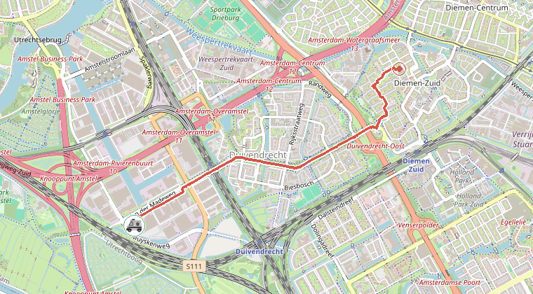 Kaart van de omgeving van de melding, met de kazerne die is gealarmeerd