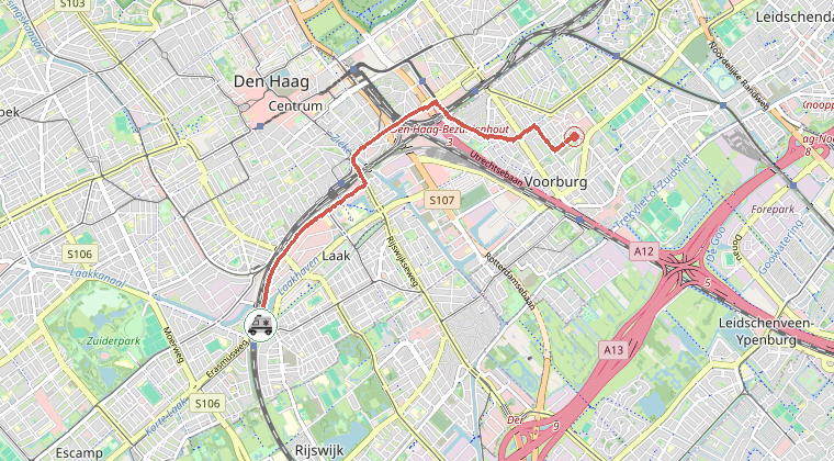 Kaart van de omgeving van de melding, met de kazerne die is gealarmeerd