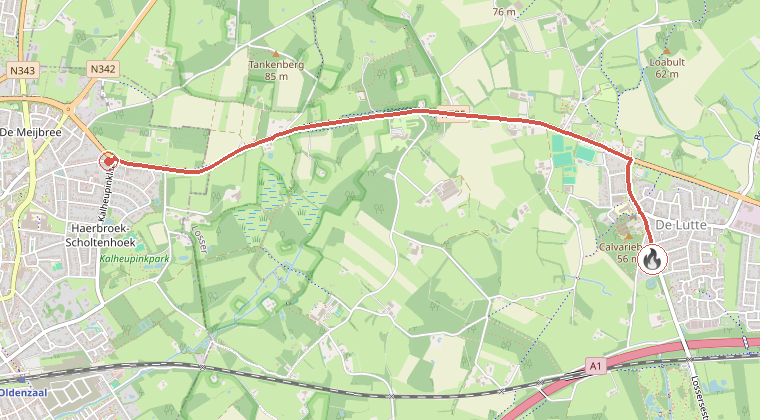 Kaart van de omgeving van de melding, met de kazerne die is gealarmeerd