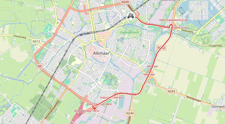 Kaart van de omgeving van de melding, met de kazerne die is gealarmeerd