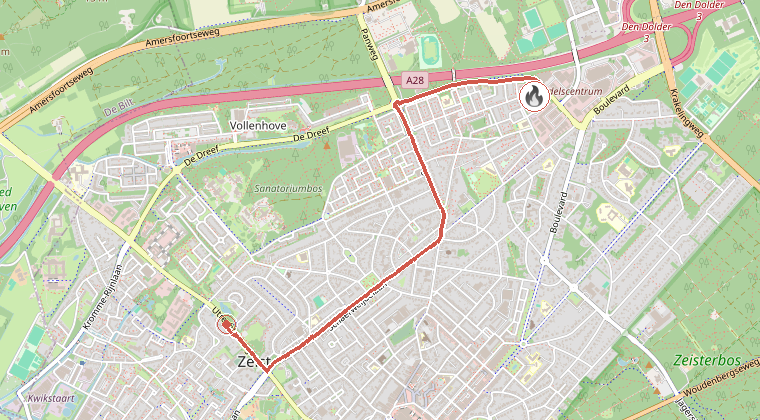 Kaart van de omgeving van de melding, met de kazerne die is gealarmeerd