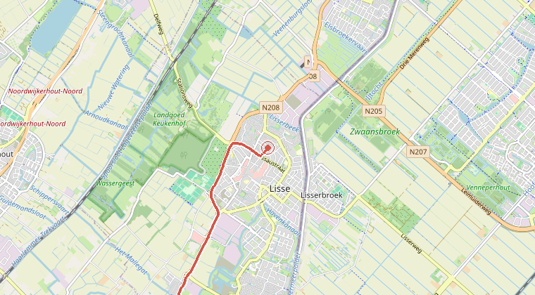 Kaart van de omgeving van de melding, met de kazerne die is gealarmeerd