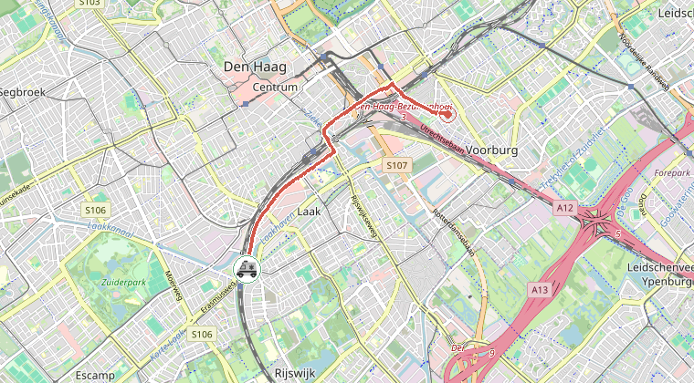Kaart van de omgeving van de melding, met de kazerne die is gealarmeerd