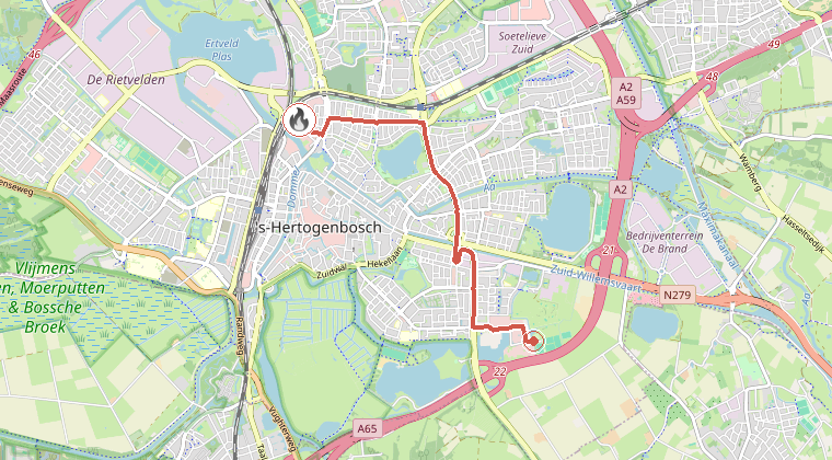 Kaart van de omgeving van de melding, met de kazerne die is gealarmeerd