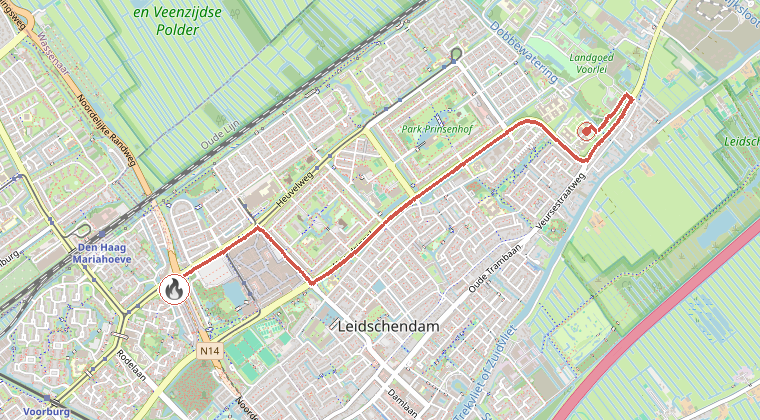 Kaart van de omgeving van de melding, met de kazerne die is gealarmeerd