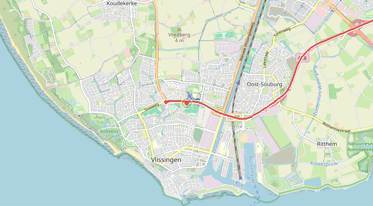 Kaart van de omgeving van de melding, met de kazerne die is gealarmeerd