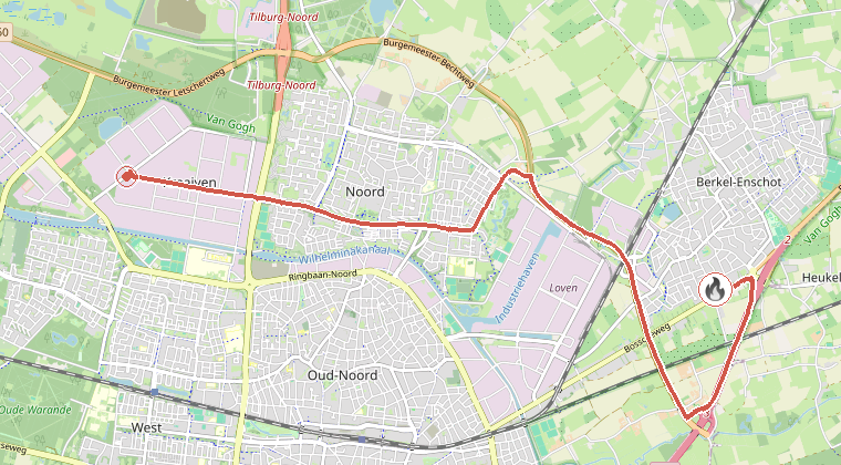 Kaart van de omgeving van de melding, met de kazerne die is gealarmeerd