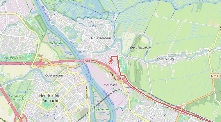 Kaart van de omgeving van de melding, met de kazerne die is gealarmeerd