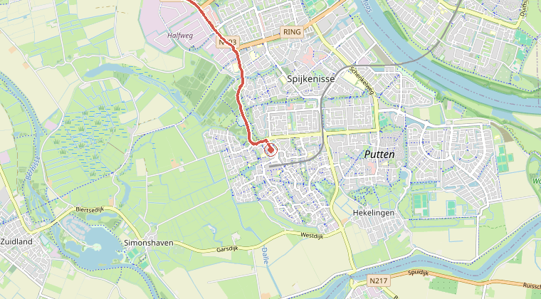 Kaart van de omgeving van de melding, met de kazerne die is gealarmeerd