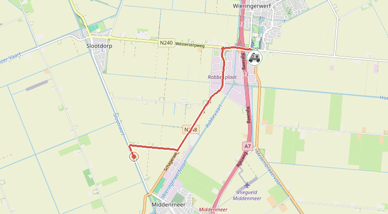 Kaart van de omgeving van de melding, met de kazerne die is gealarmeerd