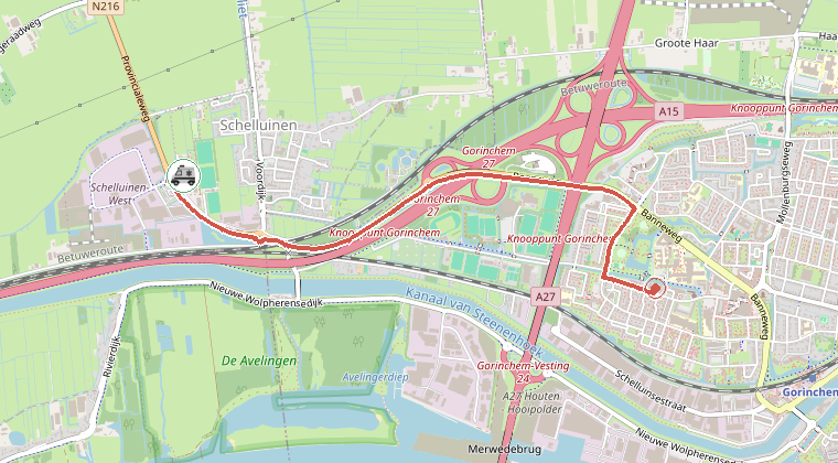 Kaart van de omgeving van de melding, met de kazerne die is gealarmeerd