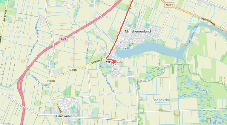 Kaart van de omgeving van de melding, met de kazerne die is gealarmeerd