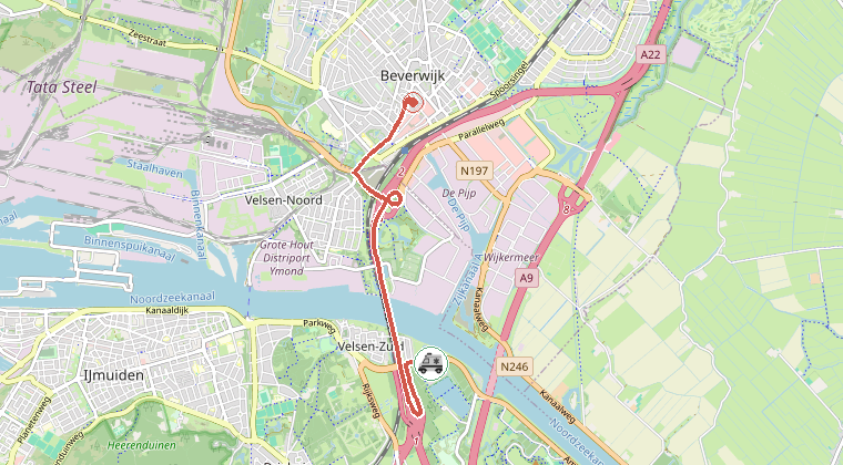 Kaart van de omgeving van de melding, met de kazerne die is gealarmeerd