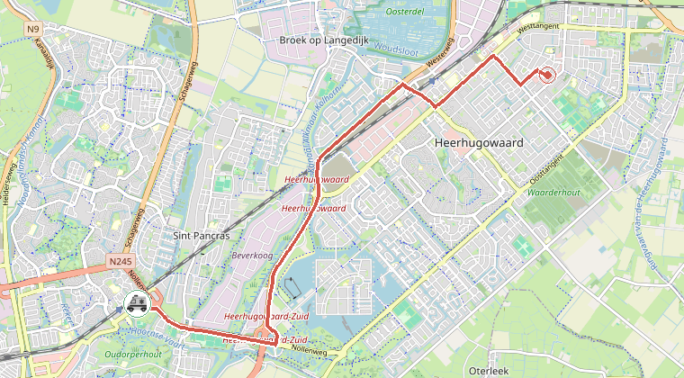 Kaart van de omgeving van de melding, met de kazerne die is gealarmeerd