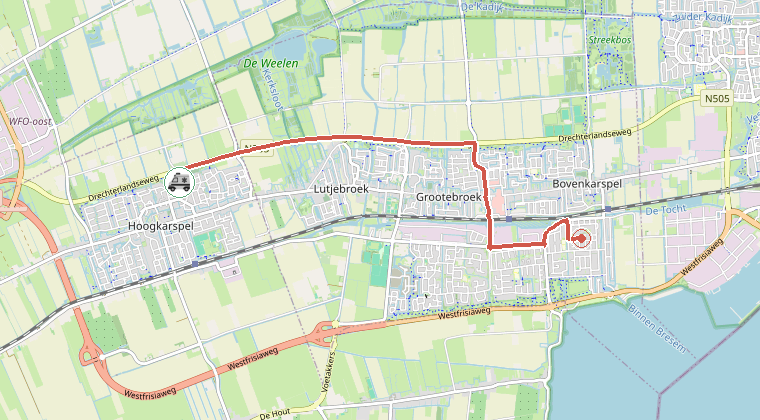Kaart van de omgeving van de melding, met de kazerne die is gealarmeerd