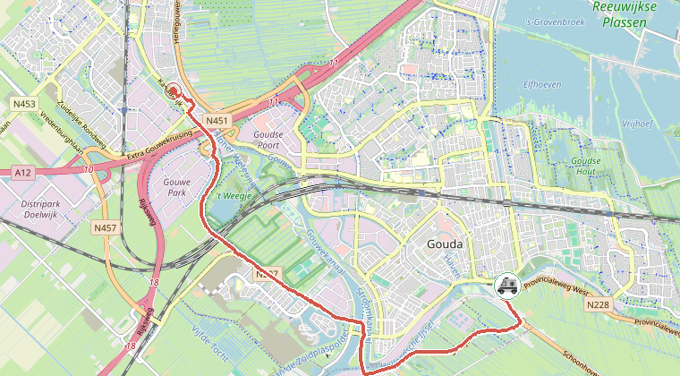 Kaart van de omgeving van de melding, met de kazerne die is gealarmeerd