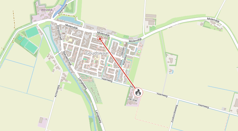 Kaart van de omgeving van de melding, met de kazerne die is gealarmeerd