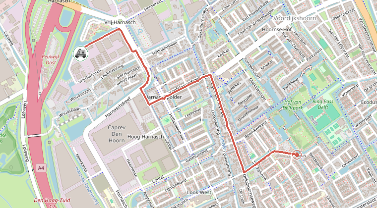 Kaart van de omgeving van de melding, met de kazerne die is gealarmeerd