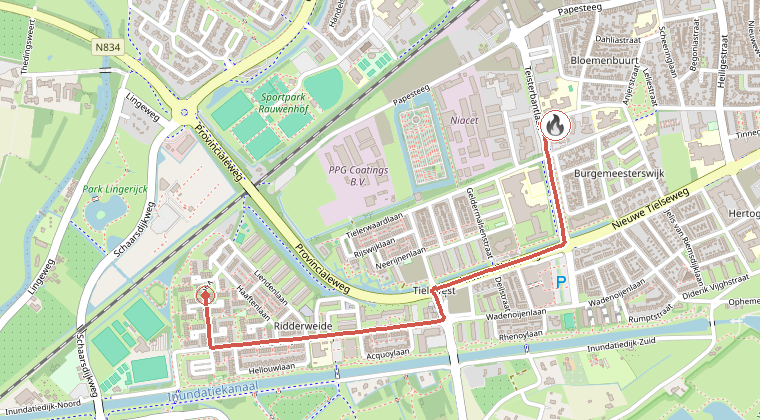 Kaart van de omgeving van de melding, met de kazerne die is gealarmeerd