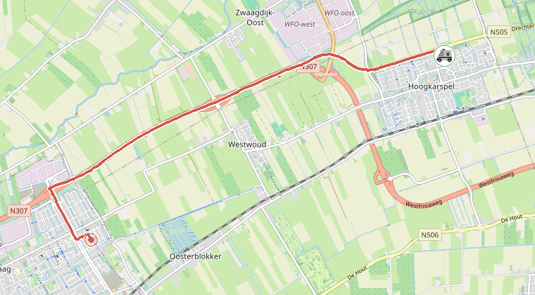 Kaart van de omgeving van de melding, met de kazerne die is gealarmeerd