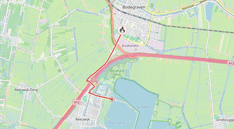 Kaart van de omgeving van de melding, met de kazerne die is gealarmeerd