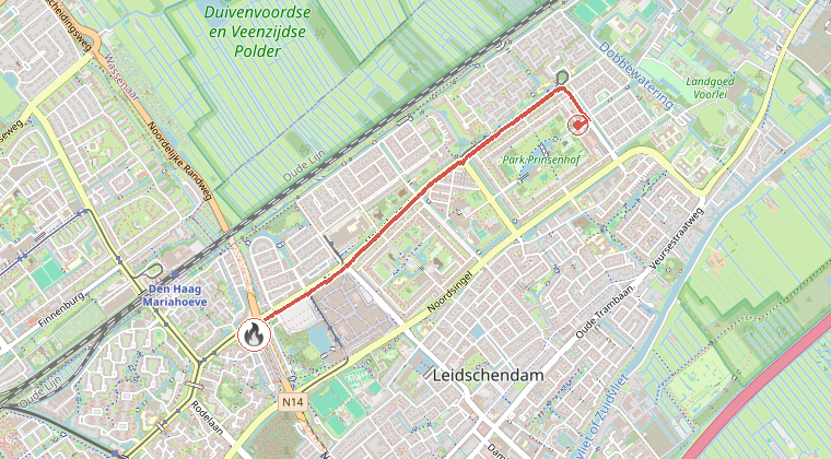 Kaart van de omgeving van de melding, met de kazerne die is gealarmeerd