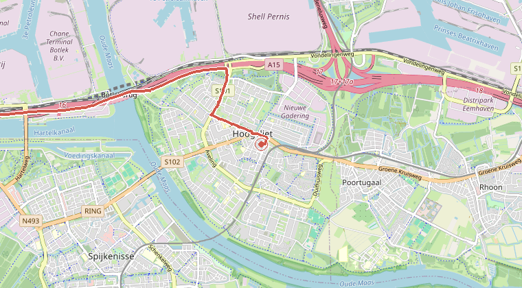 Kaart van de omgeving van de melding, met de kazerne die is gealarmeerd