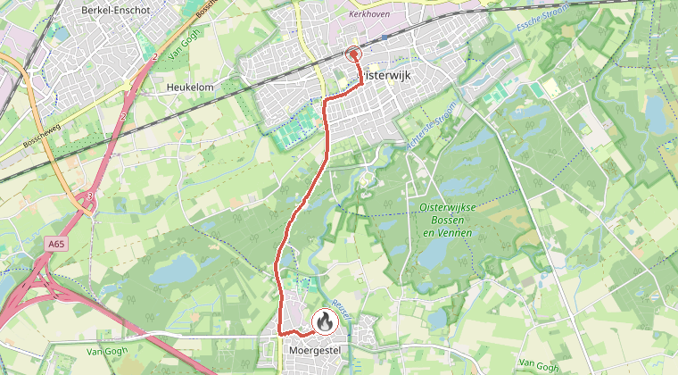 Kaart van de omgeving van de melding, met de kazerne die is gealarmeerd