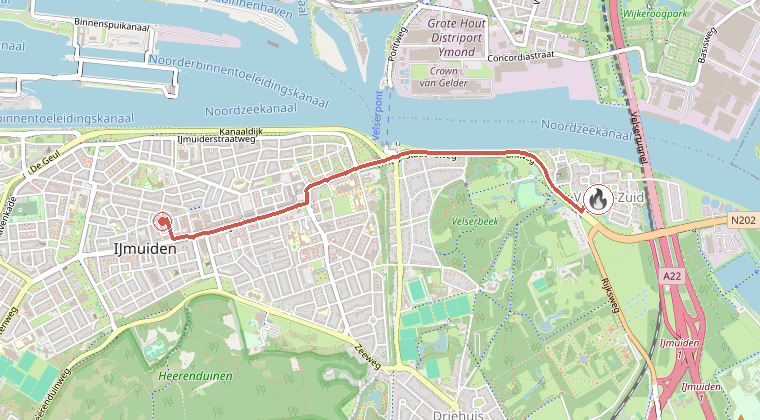Kaart van de omgeving van de melding, met de kazerne die is gealarmeerd