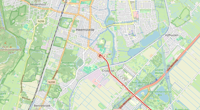 Kaart van de omgeving van de melding, met de kazerne die is gealarmeerd