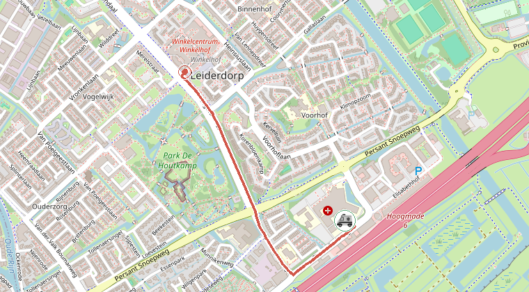 Kaart van de omgeving van de melding, met de kazerne die is gealarmeerd