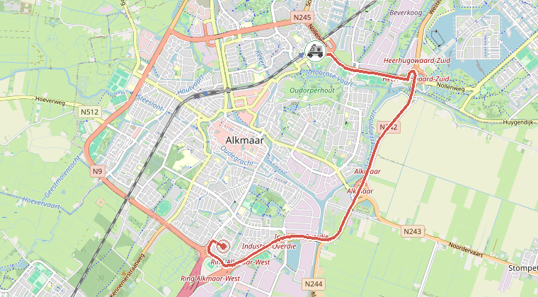 Kaart van de omgeving van de melding, met de kazerne die is gealarmeerd