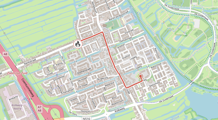 Kaart van de omgeving van de melding, met de kazerne die is gealarmeerd
