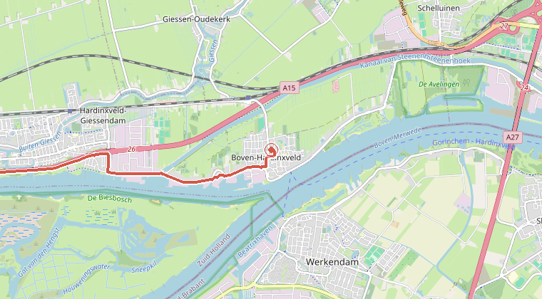 Kaart van de omgeving van de melding, met de kazerne die is gealarmeerd