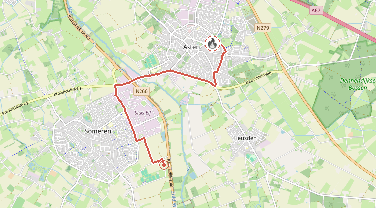 Kaart van de omgeving van de melding, met de kazerne die is gealarmeerd
