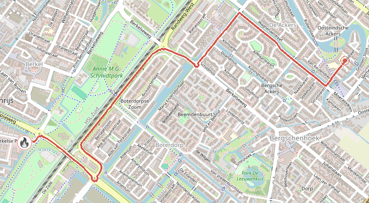 Kaart van de omgeving van de melding, met de kazerne die is gealarmeerd