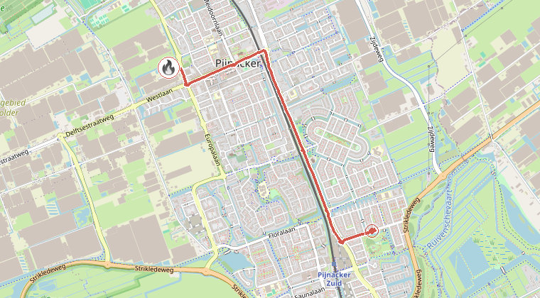 Kaart van de omgeving van de melding, met de kazerne die is gealarmeerd