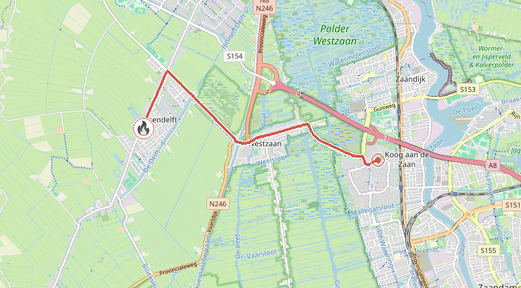 Kaart van de omgeving van de melding, met de kazerne die is gealarmeerd