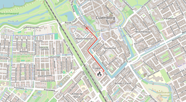 Kaart van de omgeving van de melding, met de kazerne die is gealarmeerd
