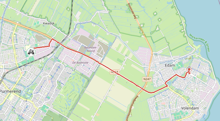 Kaart van de omgeving van de melding, met de kazerne die is gealarmeerd