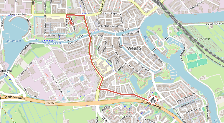Kaart van de omgeving van de melding, met de kazerne die is gealarmeerd