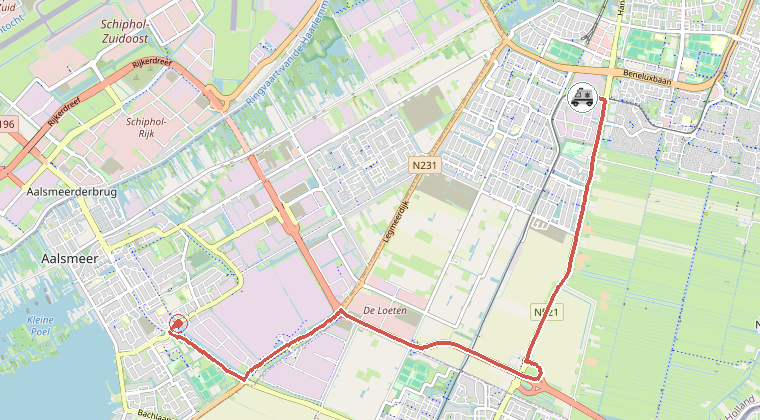 Kaart van de omgeving van de melding, met de kazerne die is gealarmeerd