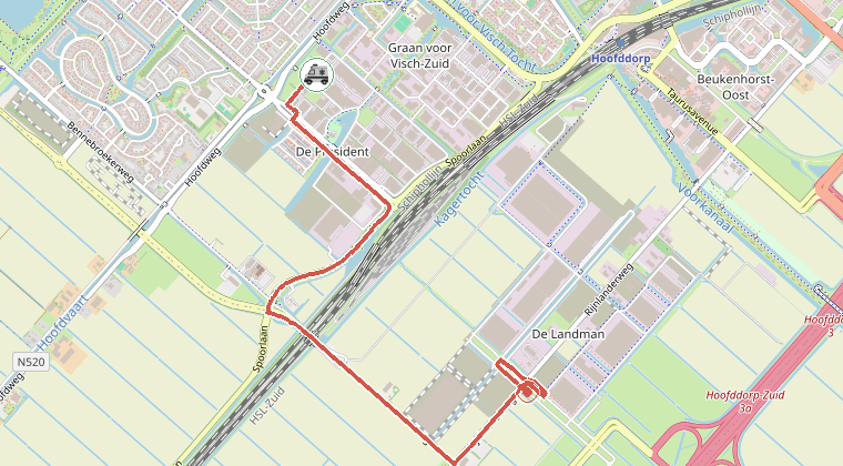 Kaart van de omgeving van de melding, met de kazerne die is gealarmeerd