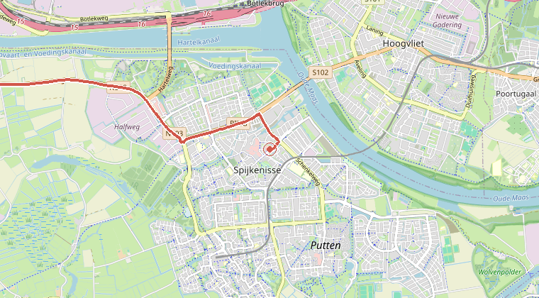 Kaart van de omgeving van de melding, met de kazerne die is gealarmeerd