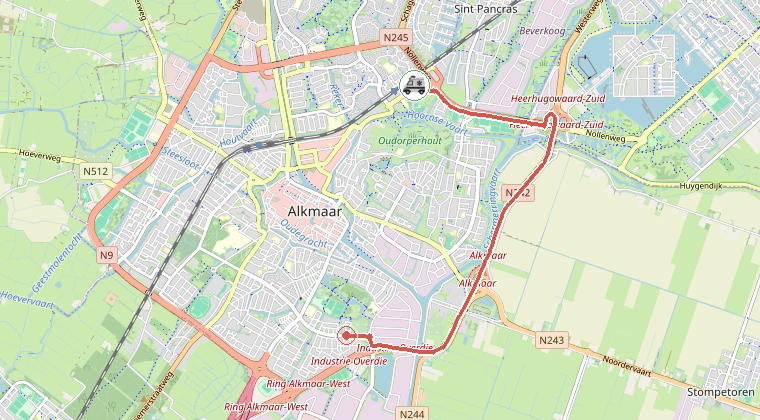 Kaart van de omgeving van de melding, met de kazerne die is gealarmeerd